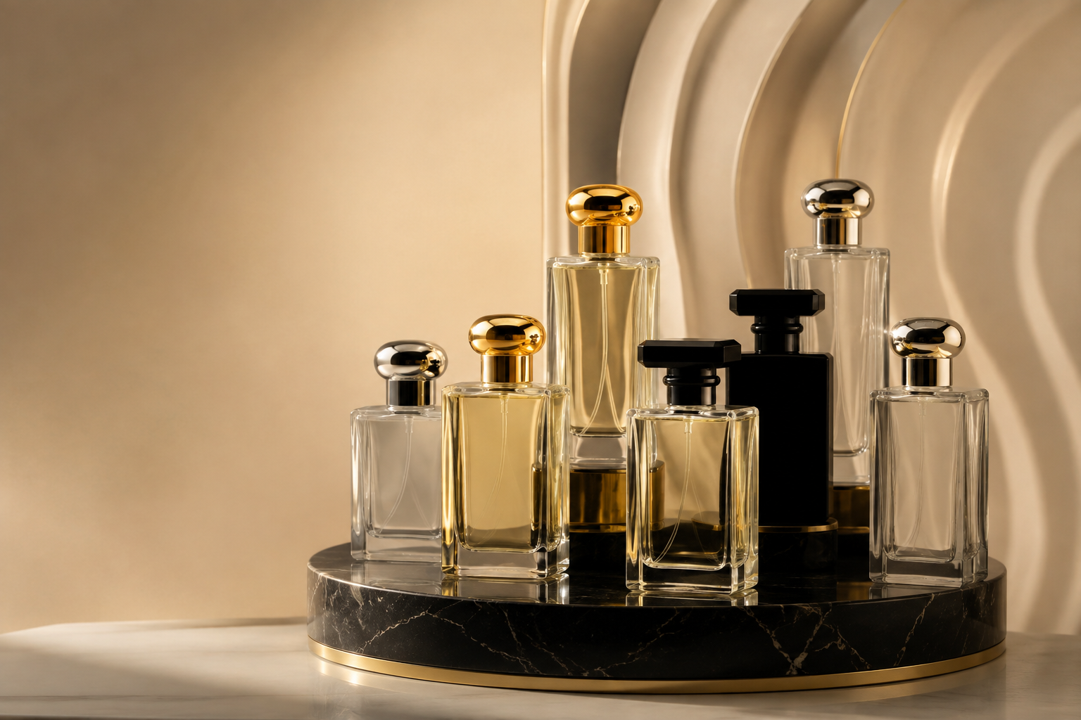 Premium perfume collection on black marble